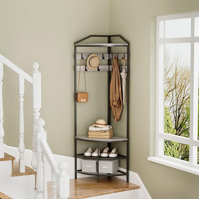 GiftGo Grey Corner Hall Tree with Shoe Bench Entryway Coat Rack with 10 Metal Movable Hooks Rustic Farmhouse Floorstanding Clothes Rack Shoes Shelf Organizer for Home Office Bedroom (Greige)