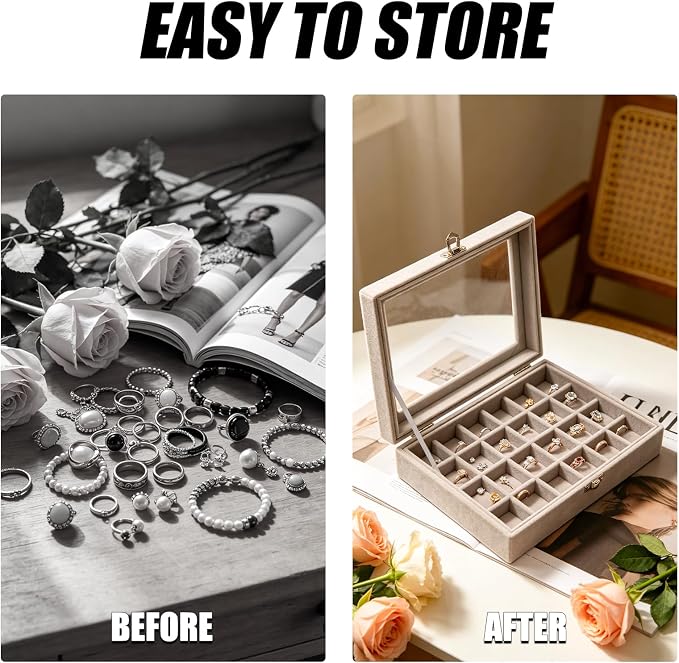 Small Velvet Jewelry Tray with Clear Lid, Lockable Ring Earring Holder Organizer Storage Box Case Jewelry Box Organizer for Rings Earrings Bracelets Brooches, 24 Grids Gray