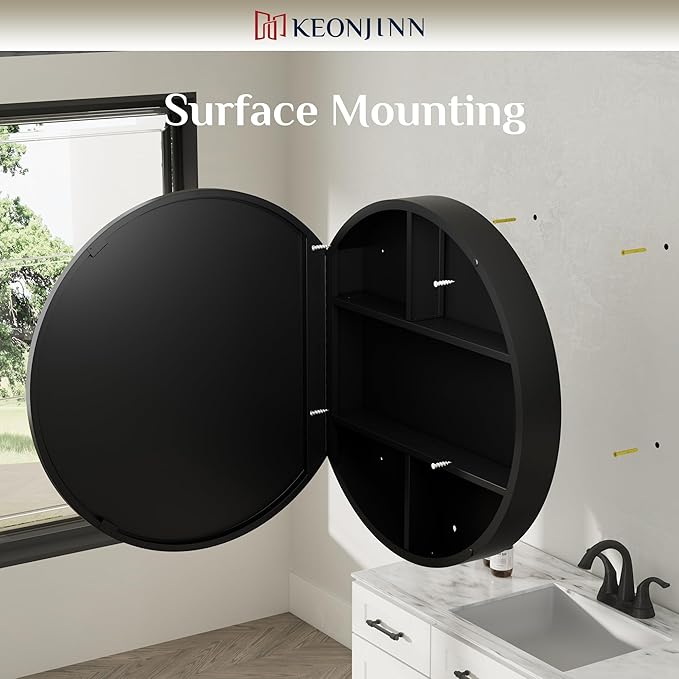 Keonjinn 28 x 28 Inch Round Black Mirror Medicine Cabinet Wall Mounted, Circular Modern Medicine Cabinet with Mirror, Black Framed Medicine Cabinets with Mirror, Vanity Bathroom Mirrors with Storage