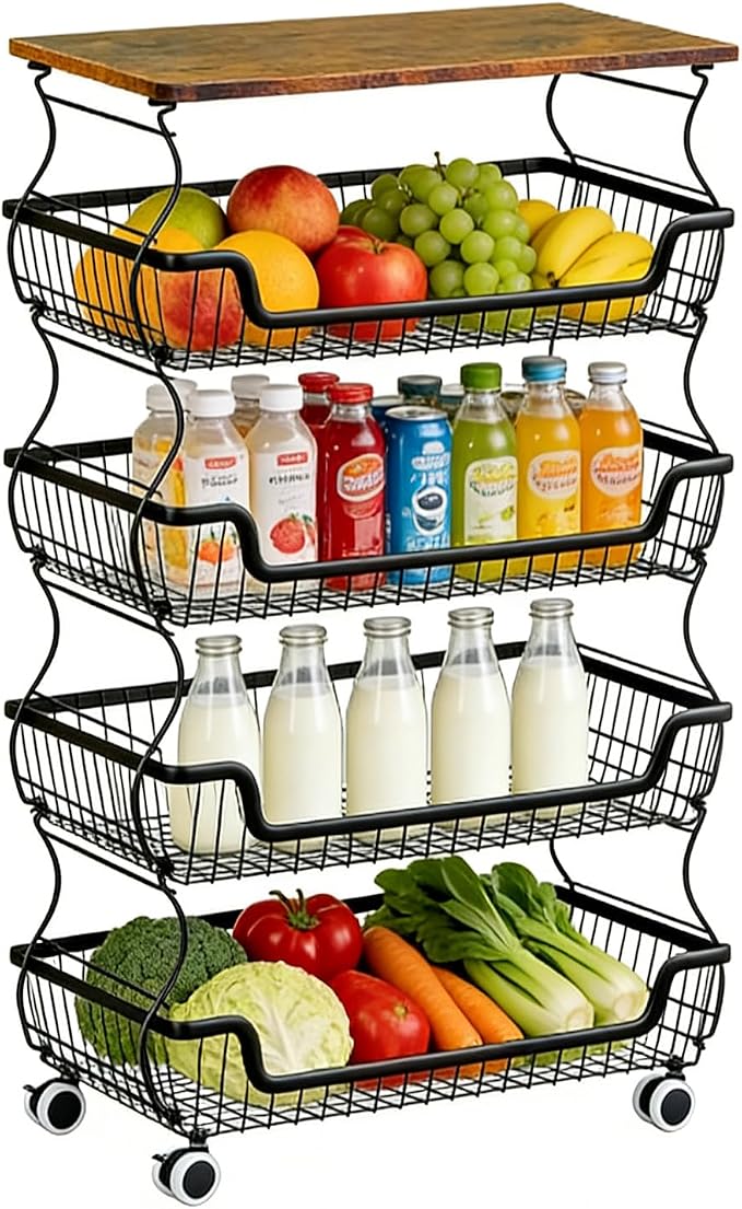 Kitchen Storage Cart on Wheels, 5 Tier Rolling Stackable Pantry Floor Organizer, Kitchen Fruit Basket Stand for Home Removable Metal Vegetable Rack Wire Snack Cart