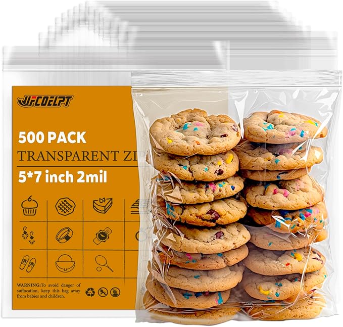 500 Count 5x7 Clear Zip Bags – 2 Mil Reclosable Zip Plastic Bag with Resealable Lock Seal Zipper for Home and Kitchen Storage