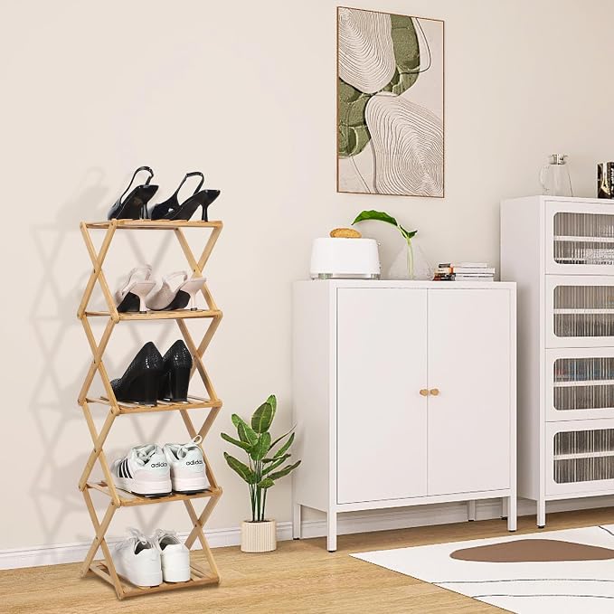 Bamboo Shoe Rack 5 Tier Foldable Shoe Rack for Entryway | Narrow Vertical Shoe Organizer Free Standing Shelf, Multifunctional Slim Storage for Bedrooms Living Room Corner, Wood Color