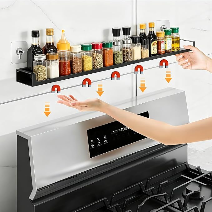 Magnetic Shelf for Stove Top, Adjustable 15"-30" Stove Top Shelf Kitchen Magnetic Spice Rack Organizer Storage, Stainless Steel, Metallic Black