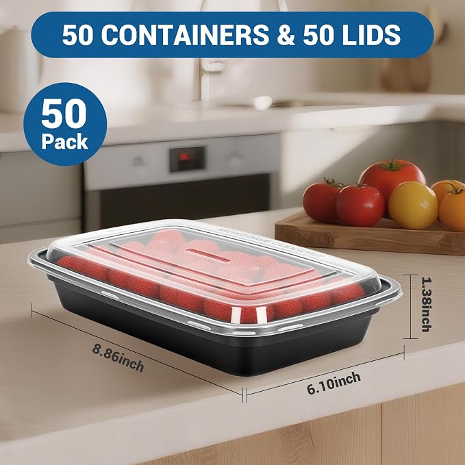 50-Pack 24 oz Reusable Meal Prep Containers 1 Compartment Food Storage Containers with Lids, Bento Box, Stackable, Microwave/Dishwasher/Freezer Safe, BPA Free