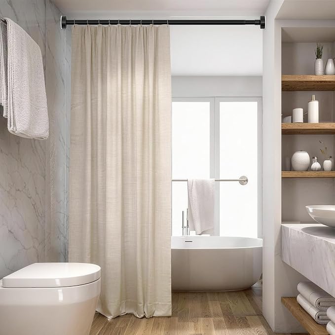 Heavy Duty Tension Shower Curtain Rod 2 Pack 48-74 Inch Black | Rustproof Steel, Drill-Free Tension Mount, Adjustable Rods for Bathroom Window Door Patio Closet, Non-Slip No-Tools Install.