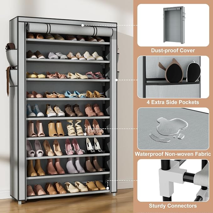 VILICK Shoe Rack with Cover Narrow Shoe Organizer with Pockets 10 Tier Tall Shoe Storage Holds 36-41 Pairs Shoes and Boots Shoe Rack for Closet Entryway Garage, Grey