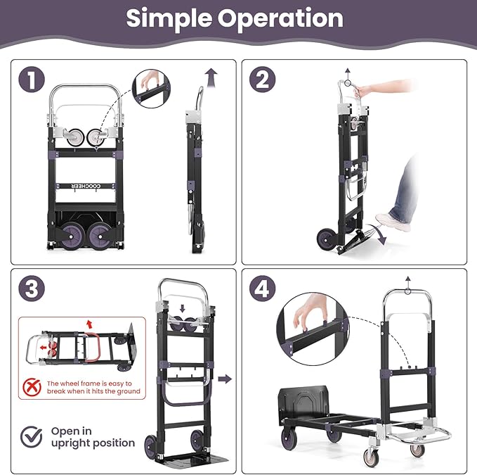 3-in-1 Folding Hand Trucks, 600Lbs Convertible Hand Truck Dolly, Heavy Duty Convertible Dolly with Retractable Handle and 4 Rubber Wheels, Collapsible Cart for Moving Office/Home/Warehous(Black)