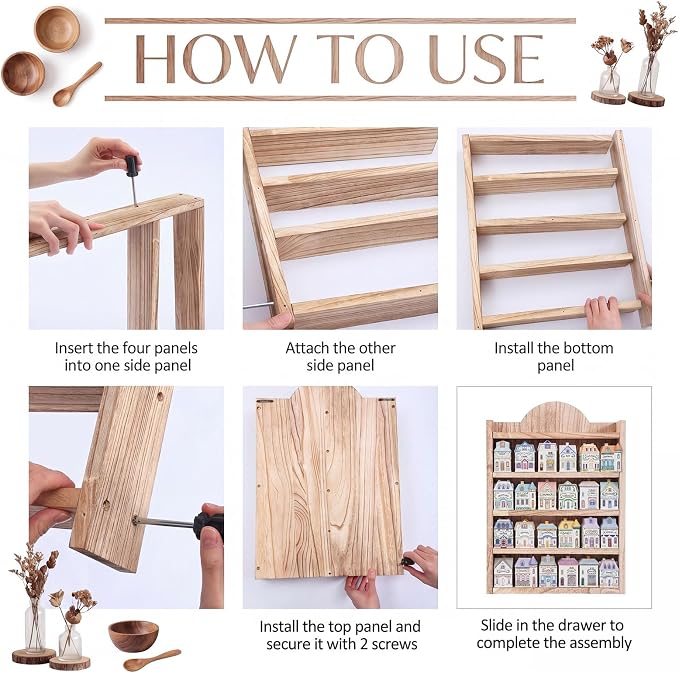 Chunful Vintage Spice Jar Wooden Rack Light Oak Farmhouse Spice Shelf for 24 Jars, Village Style Wall Mounting Kitchen Storage Decorative Hanging Display Rack, Shelf Only