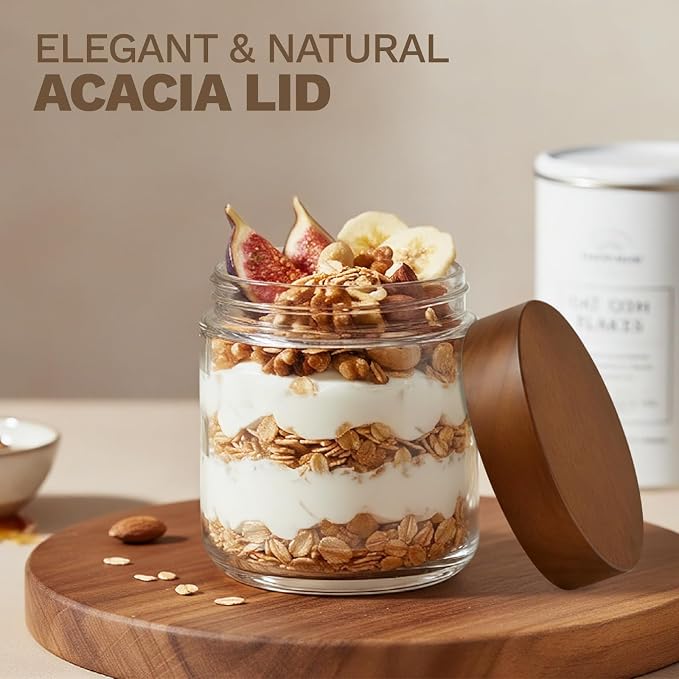 Bumobum 10 oz Glass Jars with Lids, Small Yogurt Containers, 12 Pack | Acacia wood airtight tops with wide openings; ideal for chia pudding, loose tea, coffee, spice, meal prep, salad and snack