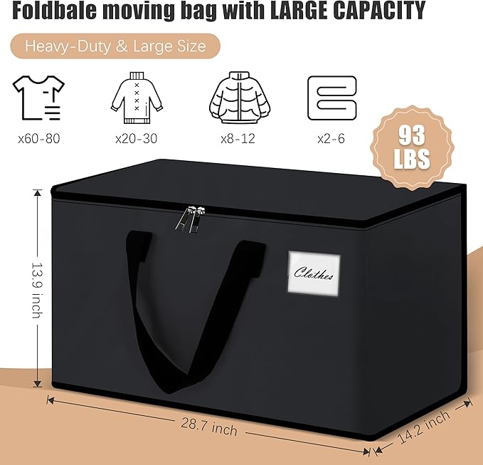 NATURELUX Heavy Duty Moving Bags - Extra Large Packing Bags and Storage Totes, Collapsible and Foldable Option for Moving and Storage, Black, 93 L - 12 Pack