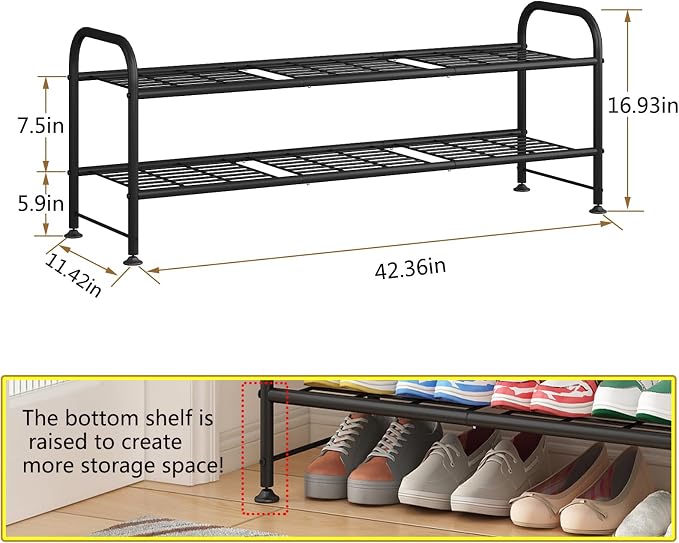 LINZINAR 2 Tier Long Shoe Rack for Closet Metal Shoe Organizer for Entryway | Spacious design stores 15+ pairs of shoes,durable metal frame,space-saving organizer for closet, hallway, and Entryway Black