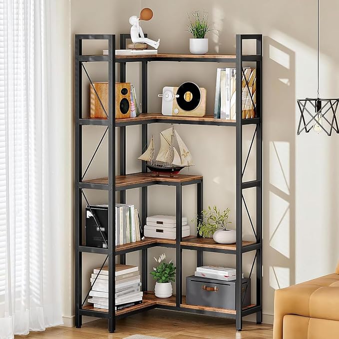 CHOEZON Corner Bookshelf, 5-Tier L-Shaped Bookcase, Corner Shelf with Metal Frame, Industrial Tall Display Shelf, for Living Room, Home Office, Bedroom, Rustic Brown TSJ12BF