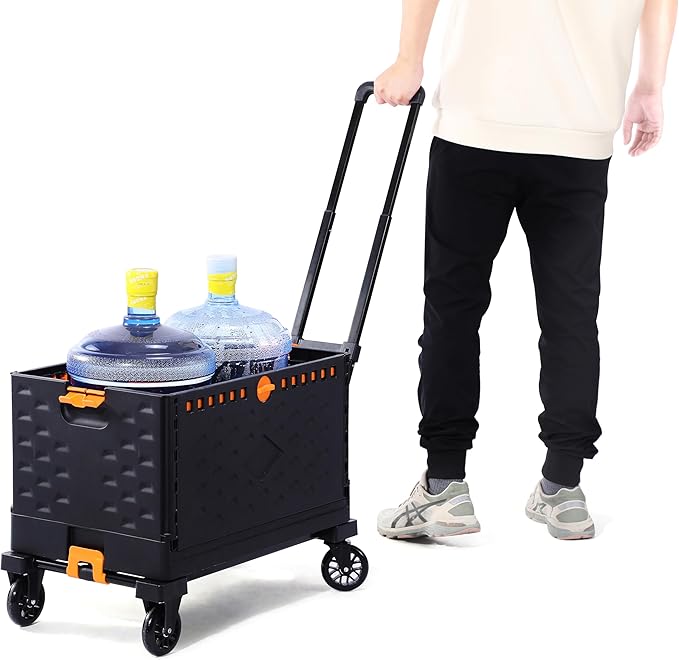 Collapsible Crate+Folding Hand Truck Set -No Assembly Required-Teacher Collapsible Rolling Cart with Wheels,Shopping Cart for Groceries,Crate On Wheels and Tote Basket,Mobile Storage for File, Book