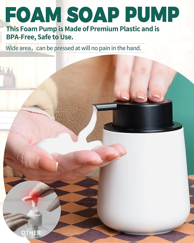 Bosilunlife 12Oz Ceramic Foam Soap Dispenser for Bathroom Kitchen Counter | Premium countertop foam pump creates delicate dense foam, stable desktop placement,Matte White