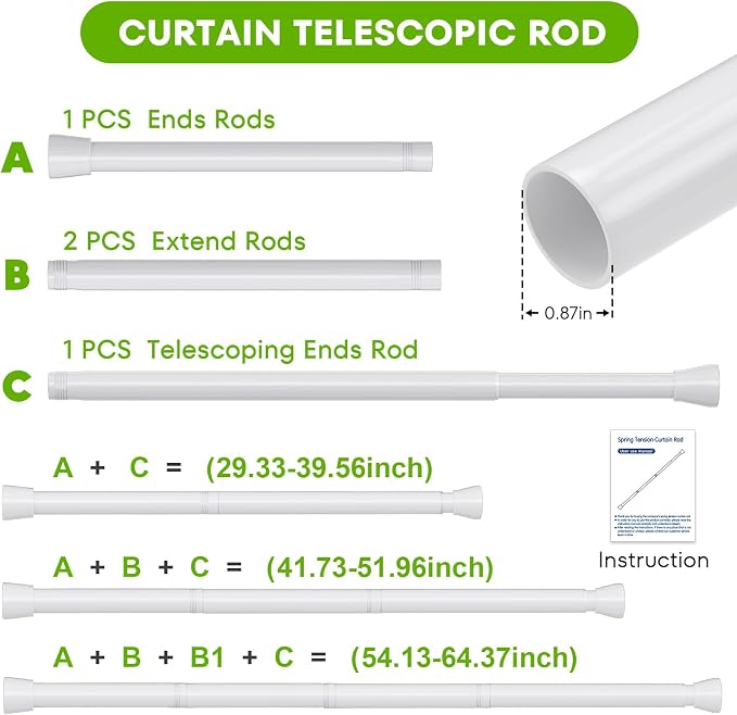Tension Curtain Rod 30-64 Inch Curtain Rods No Drilling White Tension Spring Rod Adjustable Curtain Rod Expandable Shower Pressure Tension for Windows Closet Doorway