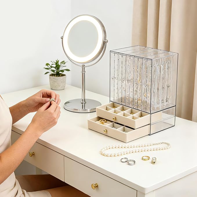 Greenfeather Jewelry Organizers and Storage, Clear Acrylic Jewelry Box with 40 Necklace Hooks 120 Pairs of Earring Holes 2 Velvet-Lined Drawers for Rings Necklaces Earrings