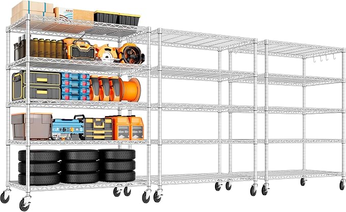 PrimeZone 5 Tier 48" Wx24''Dx81''H Wire Shelving with Wheels 3000lbs NSF Certified Storage Shelves Heavy Duty Metal Shelf Adjustable Rolling Rack Commercial Garage Restaurant Warehouse Chrome 3Pack
