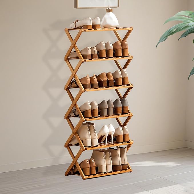 Jessie Bamboo Shoe Rack,Free Standing Shoe Rack for Closet,Portable Folding Shoe Storage Rack, Space Saving,Shoe Shelf for Bedroom Entryway Hallway Closet Living Room (Primary-6 Tier)