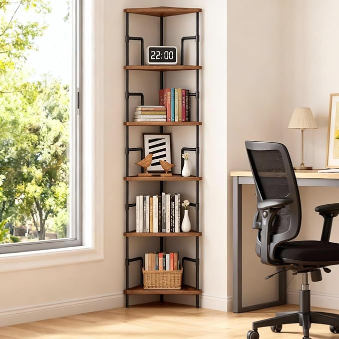 MAHANCRIS 6-Tier Corner Shelf, 65" Tall Corner Bookshelf with Metal Frame, Narrow Display Shelf Stand, Industrial Corner Bookcase for Living Room, Bedroom, Home Office, Rustic Brown CSHR6601