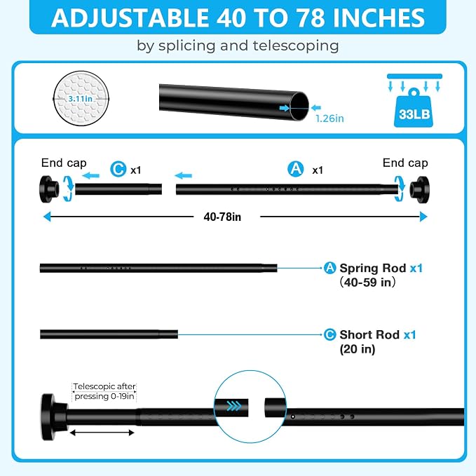 MEXAU Black Shower Curtain Rod 40-78 Inch Adjustable 1.26 Inch Diameter Tension Curtain Rod No Drill, Tension Rod for Window, Bedroom, Bathroom, Outdoor, Room Divider