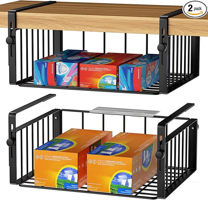 AmonHouseware 2Pack Under Shelf Storage Basket Organizer, Black | Adjustable Hanging,Under Cabinet Add-on, Slide-in Baskets, for Laundry Room Kitchen Pantry Desk Bookshelf Counter Cupboard
