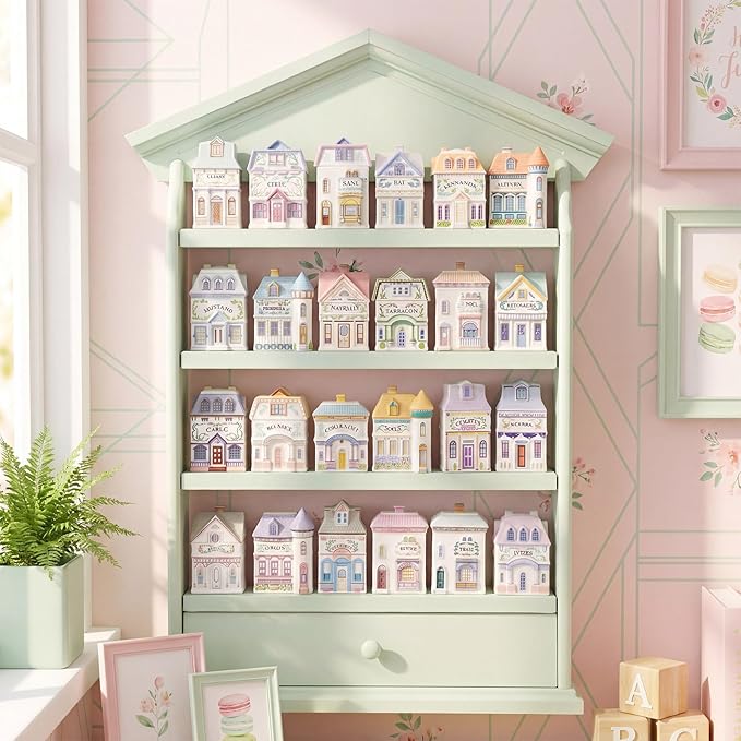 Chunful Vintage Spice Jar Wooden Rack with 4 Tier Hanging Spice Rack Wall Mounting Kitchen Storage Village Style Display Shelf for 24 Jar, Christmas Wedding Bridal Gift, Shelf Only(Classic Sage Green)
