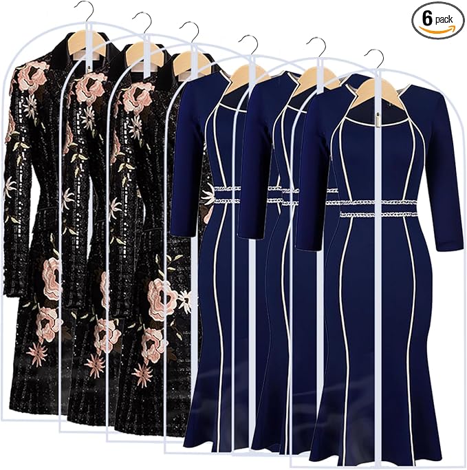 All Clear Garment Bags for Hanging Clothes, 55" (Set of 6) Dress Bags for Gowns Long, Plastic Dustproof Dress Garment Bag, Long Dress Bag with Zipper for gown, winter long coats, dance costume