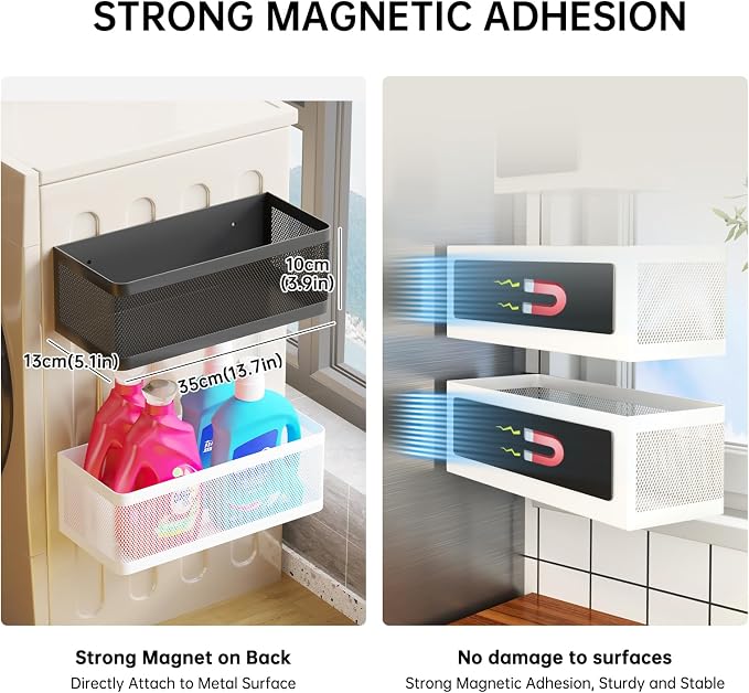 Magnetic Shelf for Washing Machine, Black, L13.78in*W5.12in*H3.94in | Magnetic Organizer for Laundry, Hanging Basket Storage, Magnetic Fridge Shelves, Spice Rack for Refridgerator, 16.5-lb load