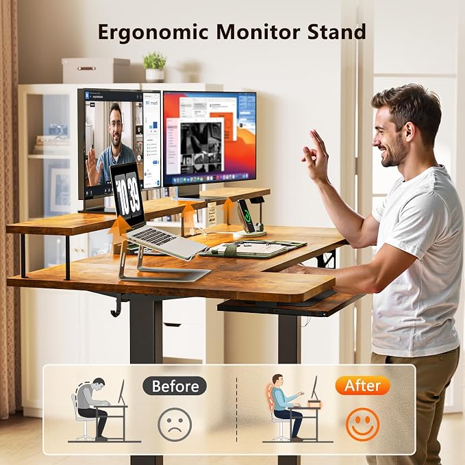 OffiGo 55 Inch U Shaped Standing Desk with Keyboard Tray, Rustic Brown | 3 Outlets & 2 USB Ports, Monitor Stand, 10 Colors & 10 LED Modes, 3 Presets, 28.3"-46.5"in Range, 154 lb Capacity