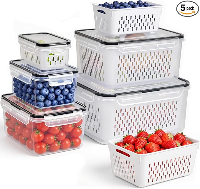 5 PCS Fruit Storage Containers for Fridge, Leakproof Produce Containers | For Fridge with Removable Colander, Microwave/Dishwasher Safe Fruit Washing Bowl Keep Fruits, Vegetables, Berry Fresh longer