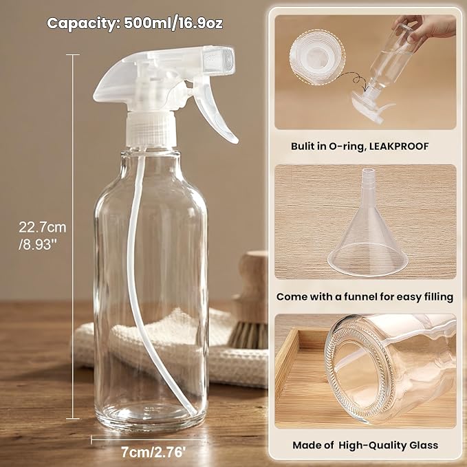 16.9oz Clear Glass Spray Bottle 1 Pack, Adjustable Mist Stream | Refillable glass spray containers for hair care, plant maintenance, cleaning & essential oils