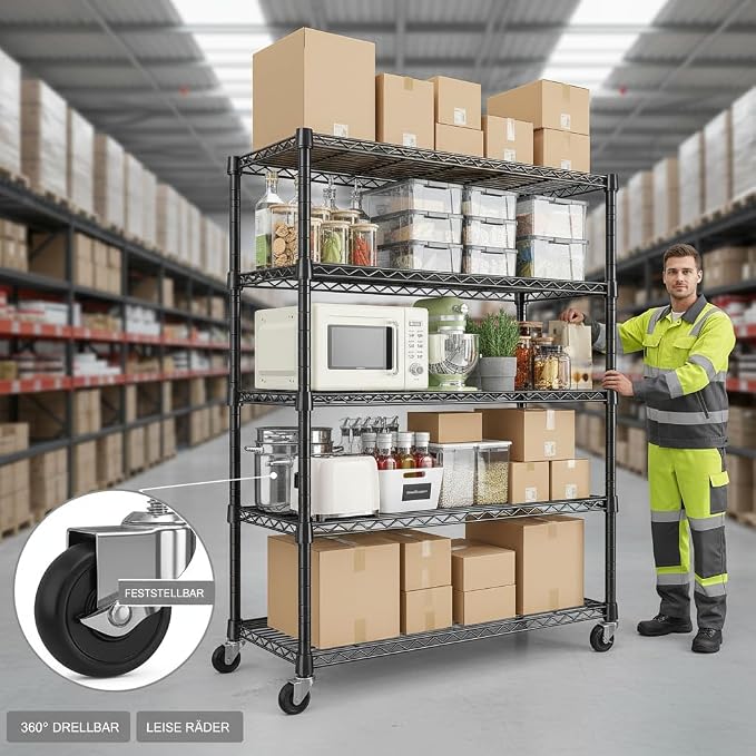 REIBII 1984LBS Heavy Duty Wire Shelving Unit with Wheels, 75.2" H Storage Shelves, 5 Tier Adjustable Metal Shelving for Pantry Kitchen Garage,No-Tools Installation, 75.2" H x 35.5" W x 16" D, Black