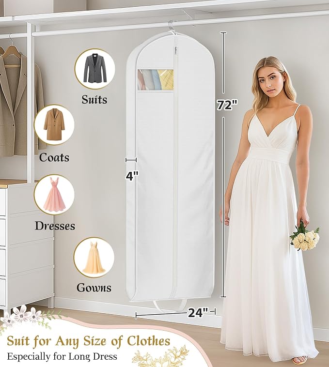 KEETDY Wedding Dress Garment Bag for Travel with 4" Gusseted Long Hanging Dress Bags for Gowns for Women Garment Cover Clothes Storage for Closet (white, 72 inch)