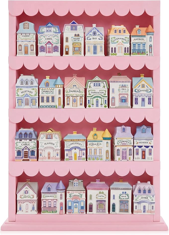 Chunful Vintage Spice Jar Wooden Rack Pink Scalloped Edge Spice Shelf for 24 Jars, Village Style Wall Mounting Kitchen Storage Decorative Hanging Display Rack, Shelf Only(18.7 x 15.75 Inches)