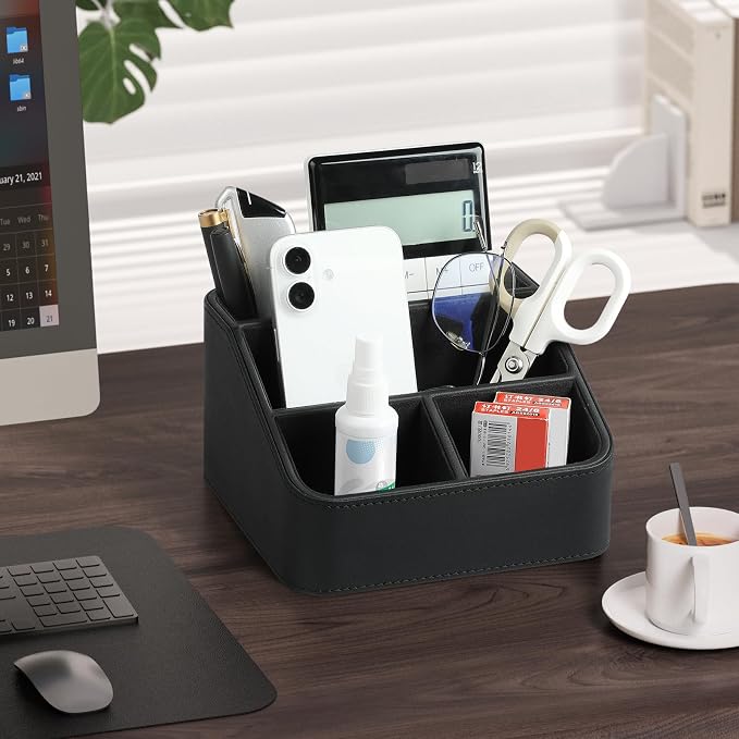 PU Leather Remote Control Holder, Nightstand Organizer with 4 Compartments | Luxury Desk Caddy with Velvet Lining, Small Desk Organizer for Living Room, Bedroom, Bedside, End Table, 6.8" x 6.7" x 4"
