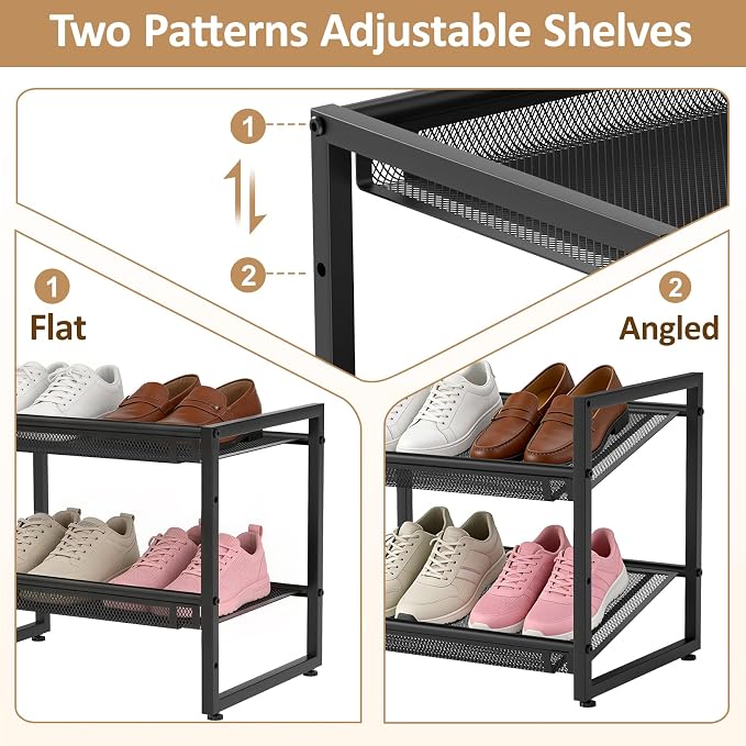 Expandable Shoe Rack, 2 Tier Adjustable Mesh Shoe Organizer for Entryway | Flat & Slant Dual Use Design, Sturdy Metal Mesh Shoe Shelf for High Heels, Stackable Shoe Storage Holder for Cloest, Garage