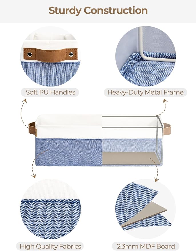 StorageWorks Narrow Storage Bins, Small Basket for Closet and Shelves, Fabric Organizer with Handles, Toilet Paper Storage, Blue and White, 2-Pack