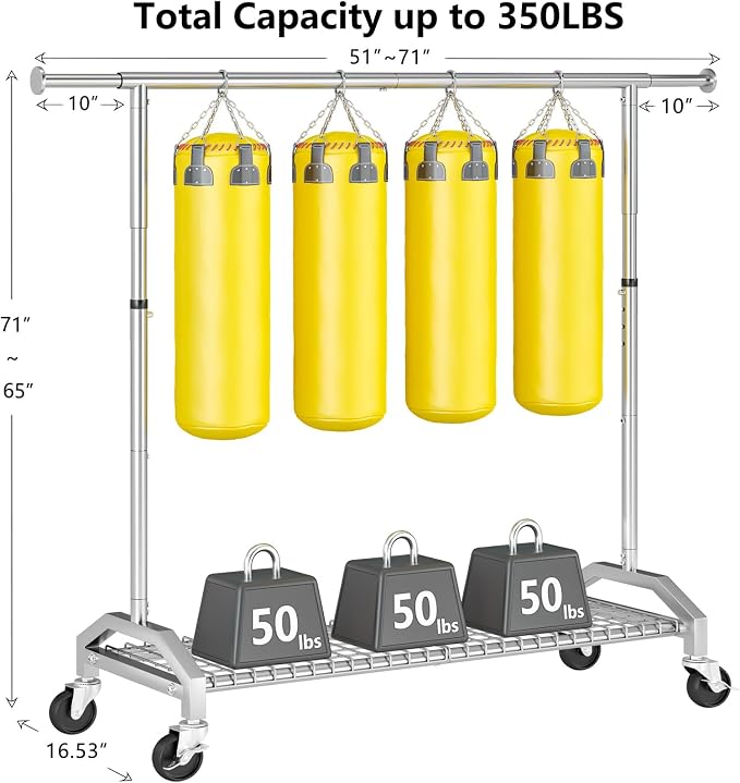 Wiracks Clothes Rack Clothing Rack for Hanging Clothes 350lbs Heavy Duty Coat Rack 51 to 71" W x 16.53" D x 65" to 71" H Adjustable Rolling Clothes Rack Garment Rack 3" industrial Wheels