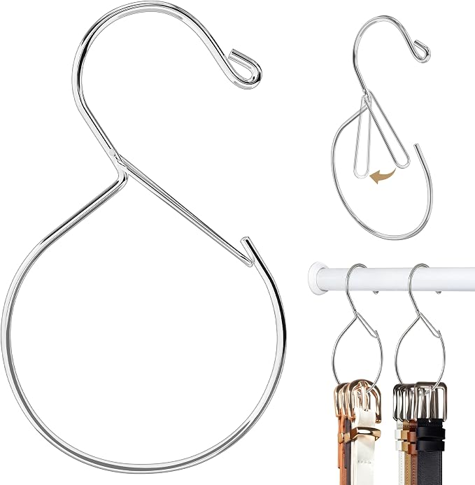 MEILIDY Metal Belt Hanger with Safety Buckle for Closet, Silver, 2 Pcs | Compact Belt Rack, Easy to Hang, Fits for Belts, Ties, Jeans, Scarves, Hats, Purses, Jewelries, Cords, Carabiners