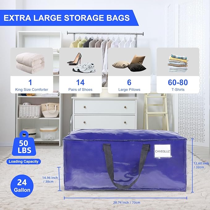 CHVEGLUZ 2 Packs Moving Bags Heavy Duty Extra Large,Storage Bags with Zipper&Handles, Sturdy&Durable Clothes Storage Bags Totes for College Dorm Essentials, Moving Boxes for College Supplies, Blue