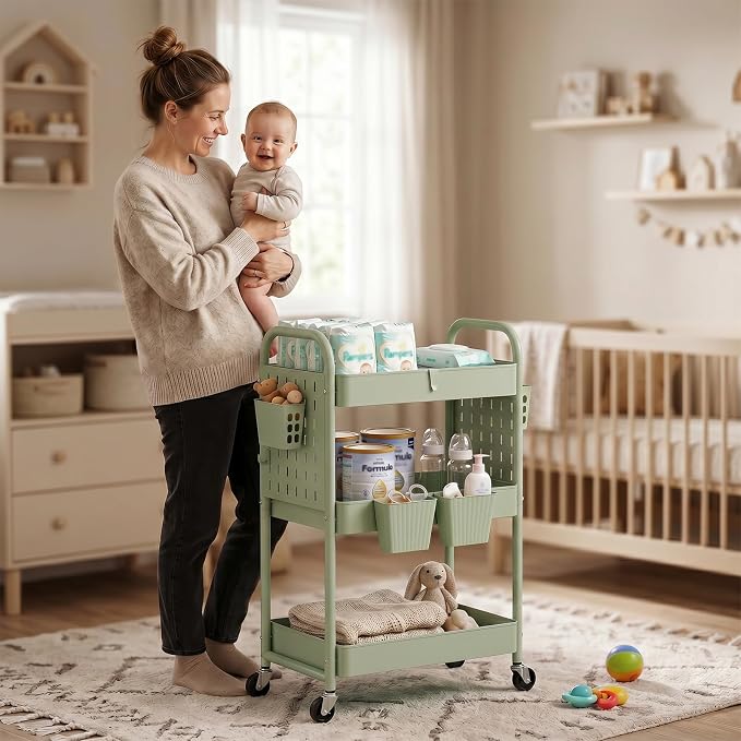 danpinera 3 Tier Rolling Cart with Retractable Dividers, Multi-Functional White Rolling Utility Cart with Pegboards, Hooks & Hanging Cups for Nursery, Living Room, Studio