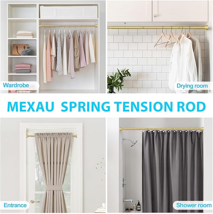MEXAU Tension Curtain Rod For Window 28-48 Inches Adjustable Expandable Gold Spring Tension Rod Spring Curtain Rods No Drilling Extension Rods Tension Rod for Closet Doorway Kitchen