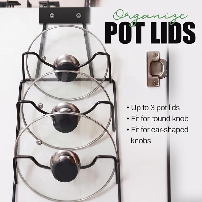 Evelots 2-in-1 Pot Lid Organizer with Towel Holder, 2 Pack, 3-Tier Cabinet Door Organizer, Over-the-Door Pot & Pan Lid Holder Rack for Glass & Metal Lids, Kitchen Storage, Black