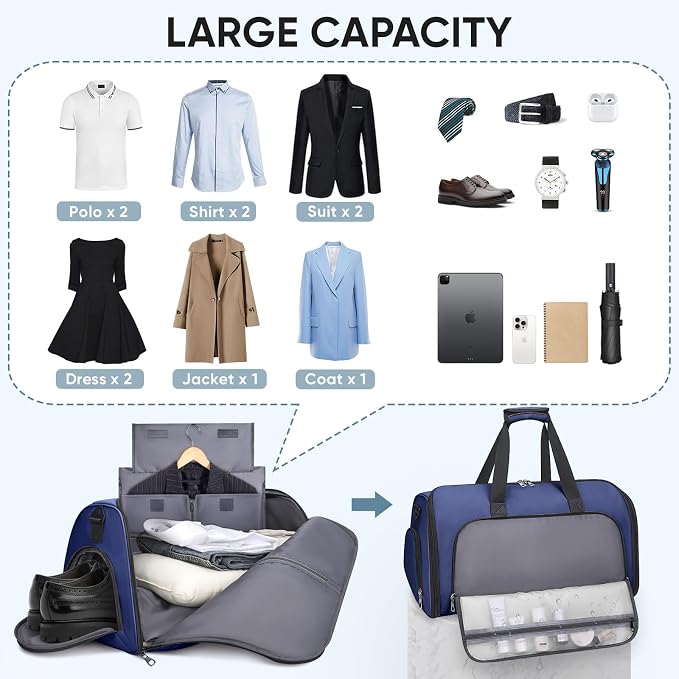 BALEINE Travel Garment Bag, Travel Suit Bag for Men, Water Resistant Carry on Garment Bag for Hanging Clothes, Garment Duffel Bag for Travel Business (Navy-Convertible)