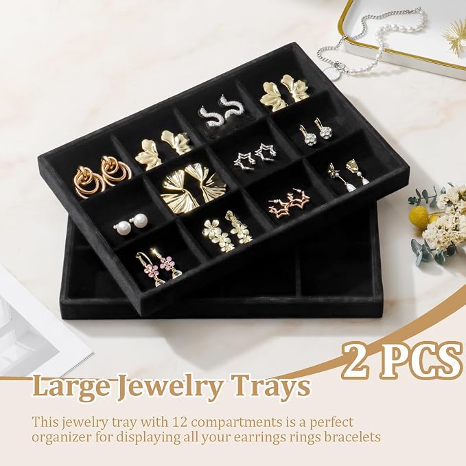 Large Jewelry Organizer for Drawer Insert Velvet Stackable Jewelry Trays for Earring Necklace Bracelet Ring Display (Black, 12 Grids)