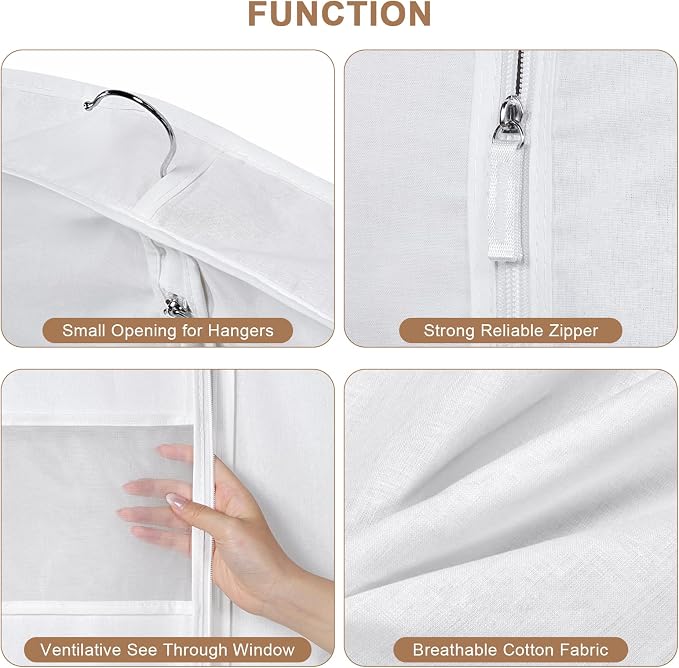 60" Premium Cotton Garment Bag for Hanging Clothes and Storage, Breathable Dress Bags for Gowns Long, Full Zipper Dust Cover with Clear Window for Long Dresses, 2 Pack