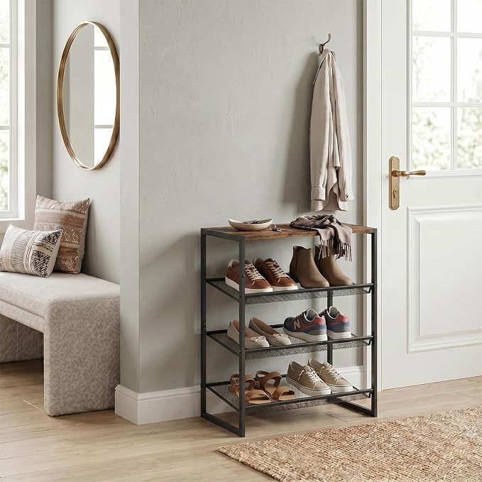 Shoe Rack for Entryway,4 Tier Shoe Shelf，Sturdy Shoe Storage Organizer,Boot Rack with a Fine Mesh Shelves，for Living Room, Hallway，Small Space,11.8 x 16.5 x 27.9 Inches,Brown