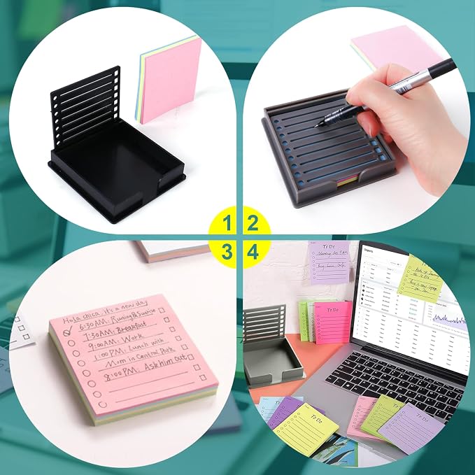2 PCS 3x3 Sticky Note Holder, Anti-Curl Sticky Pad Dispenser with Drawing Stencil Template, Compatible with Post it Notes, Reusable Memo Organizer for Office Home School