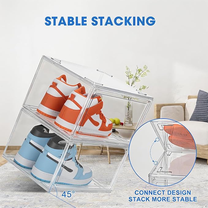 HIYOHIYO 2-Pack Stackable Clear Shoe Boxes Organizer, Fit up to US Size 14 | With Magnetic Door, Sturdy Shoe Box Storage, Easy Assembly Transparent Display Case, For Sneaker, Ankle Boots, High Heels