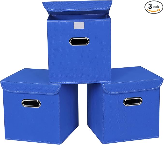 Closet Organizers Fabric Storage Bins With Lids Collapsible Cube Storages Organizer Basket With Handles,Storage Boxes for Clothes Storage,Office,Toys,3 Pack,（Dark Blue